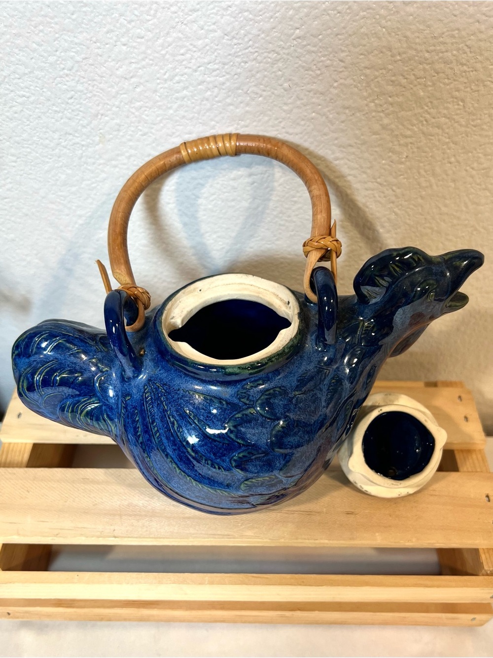 Ceramic Chicken Form Teapot | Cobalt Blue Ceramic w Bamboo Handle | Indonesia - Picture 4 of 11